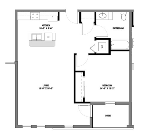 Floor plan for 1 bed, 1 bath, 730 sqft